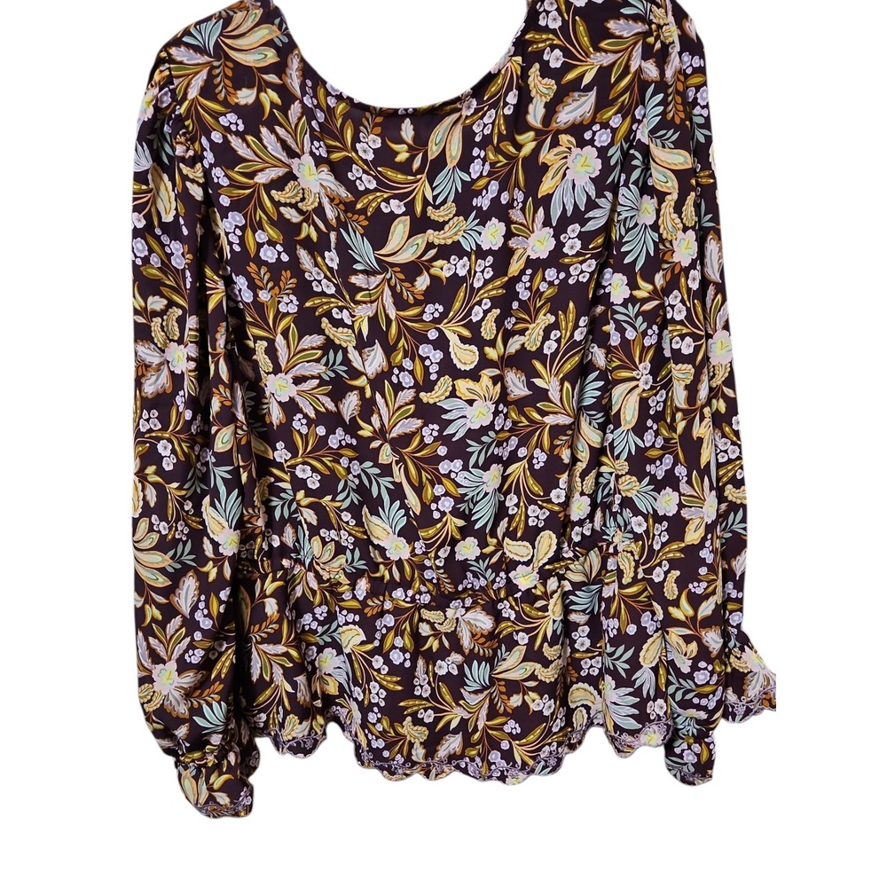 Democracy Floral Peplum Blouse Purple Botanical Crochet Lace Trim Long Sleeve XL